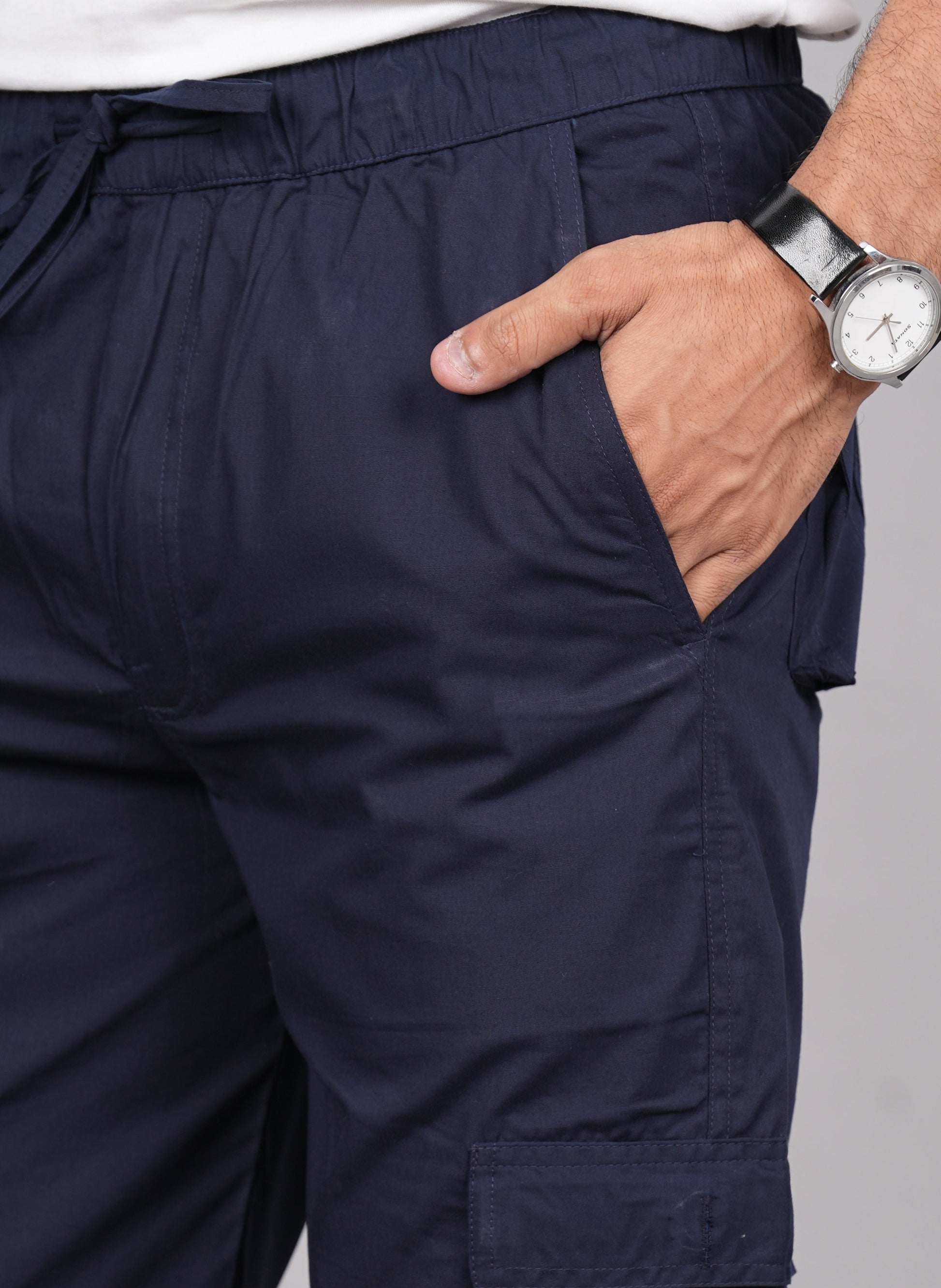 House of RP Men's Cotton Blue Slim Fit Solid Cargos, Casual Trousers with Cargo Pockets | Swadesiicart