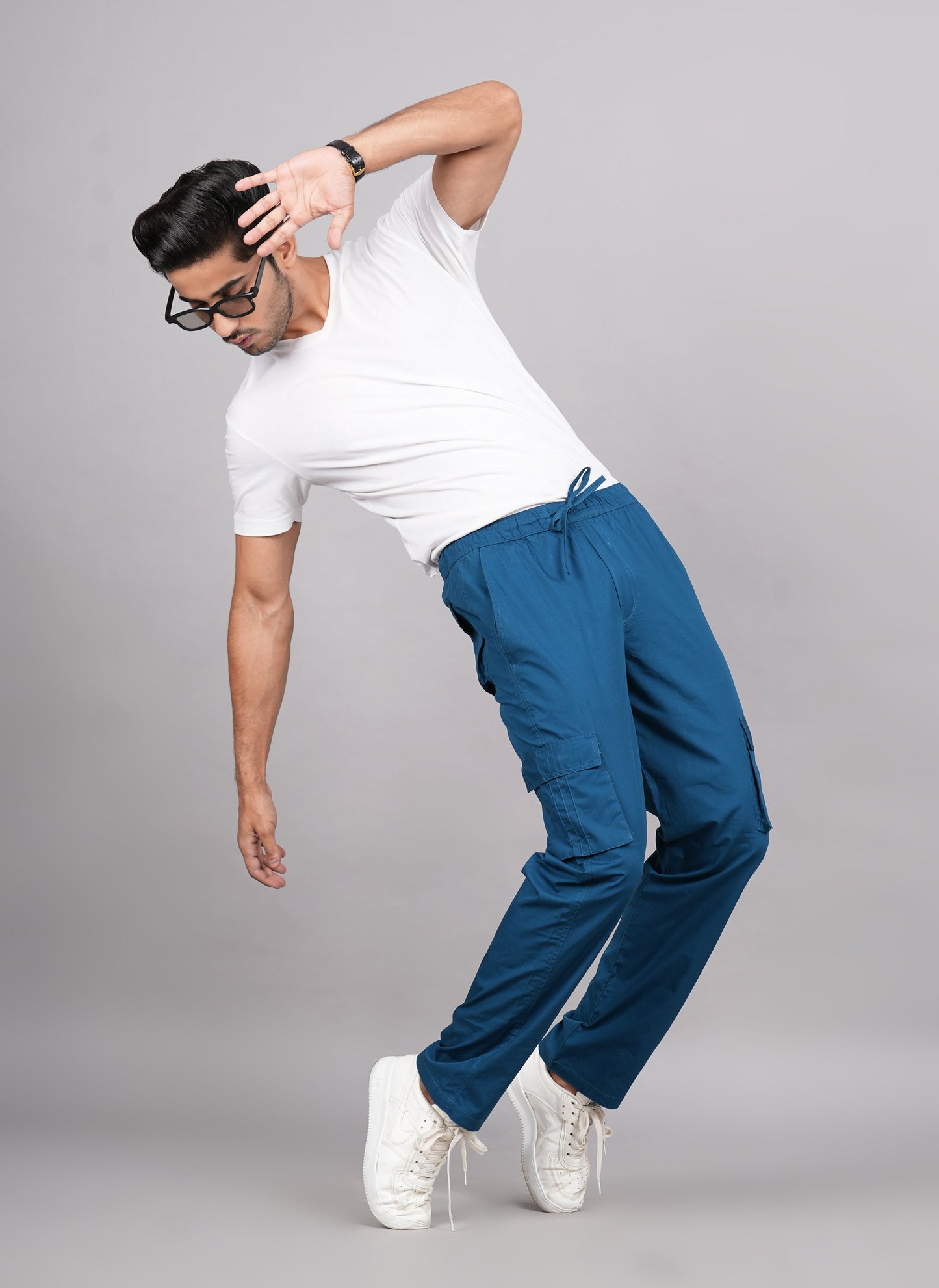 House of RP Men's Cotton DarkBlue Slim Fit Solid Cargos, Casual Trousers with Cargo Pockets | Swadesiicart