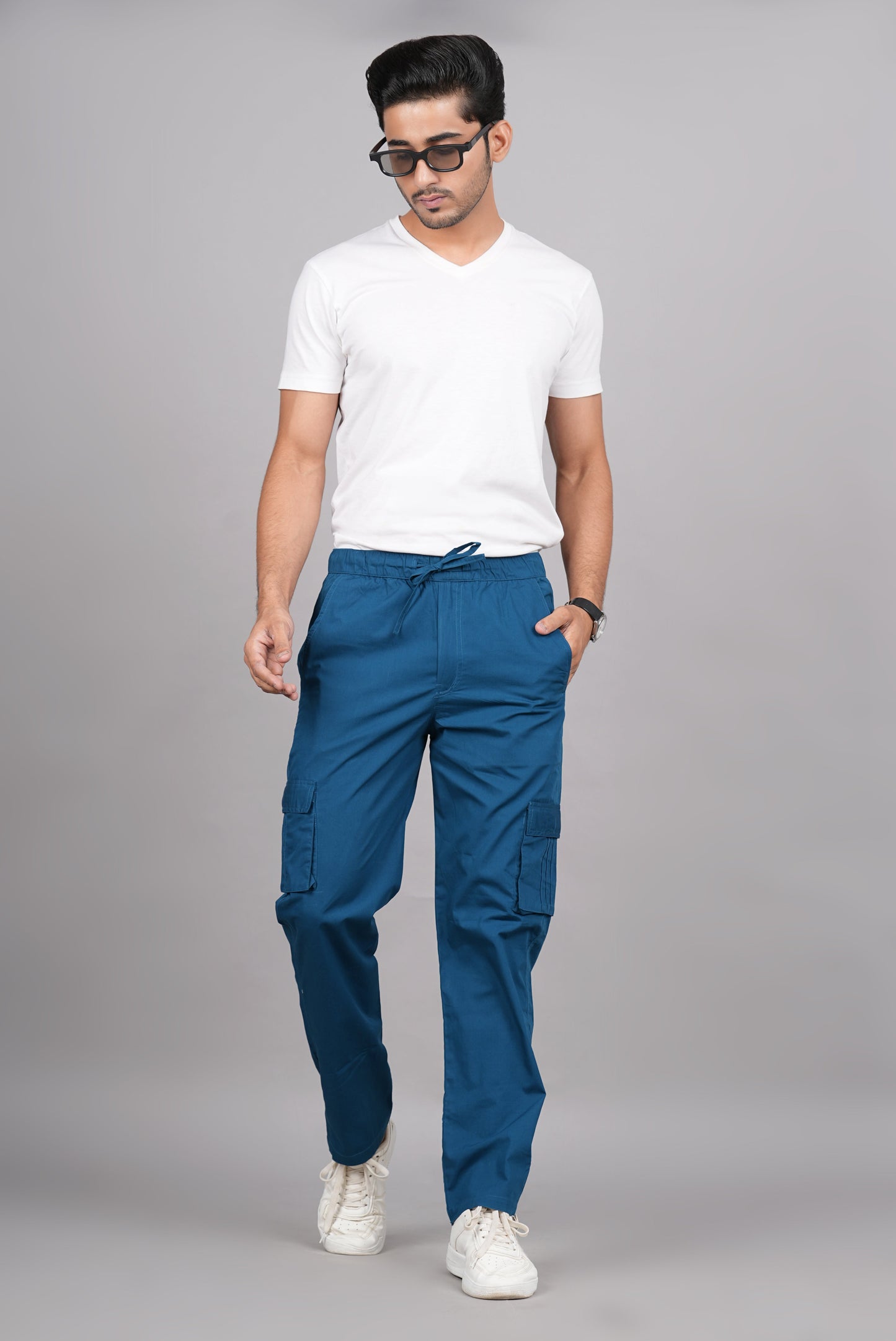 House of RP Men's Cotton DarkBlue Slim Fit Solid Cargos, Casual Trousers with Cargo Pockets | Swadesiicart