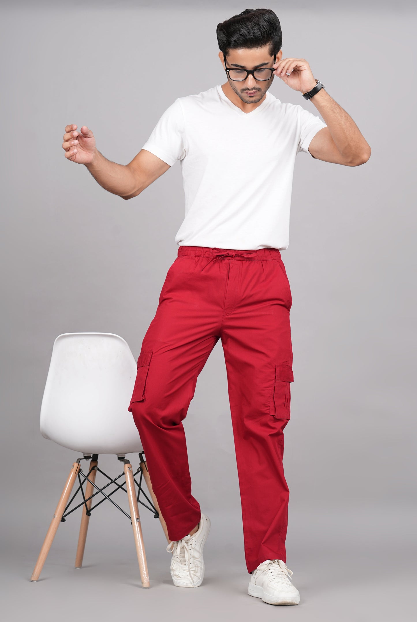 House of RP Men's Cotton Red Slim Fit Solid Cargos, Casual Trousers with Cargo Pockets | Swadesiicart