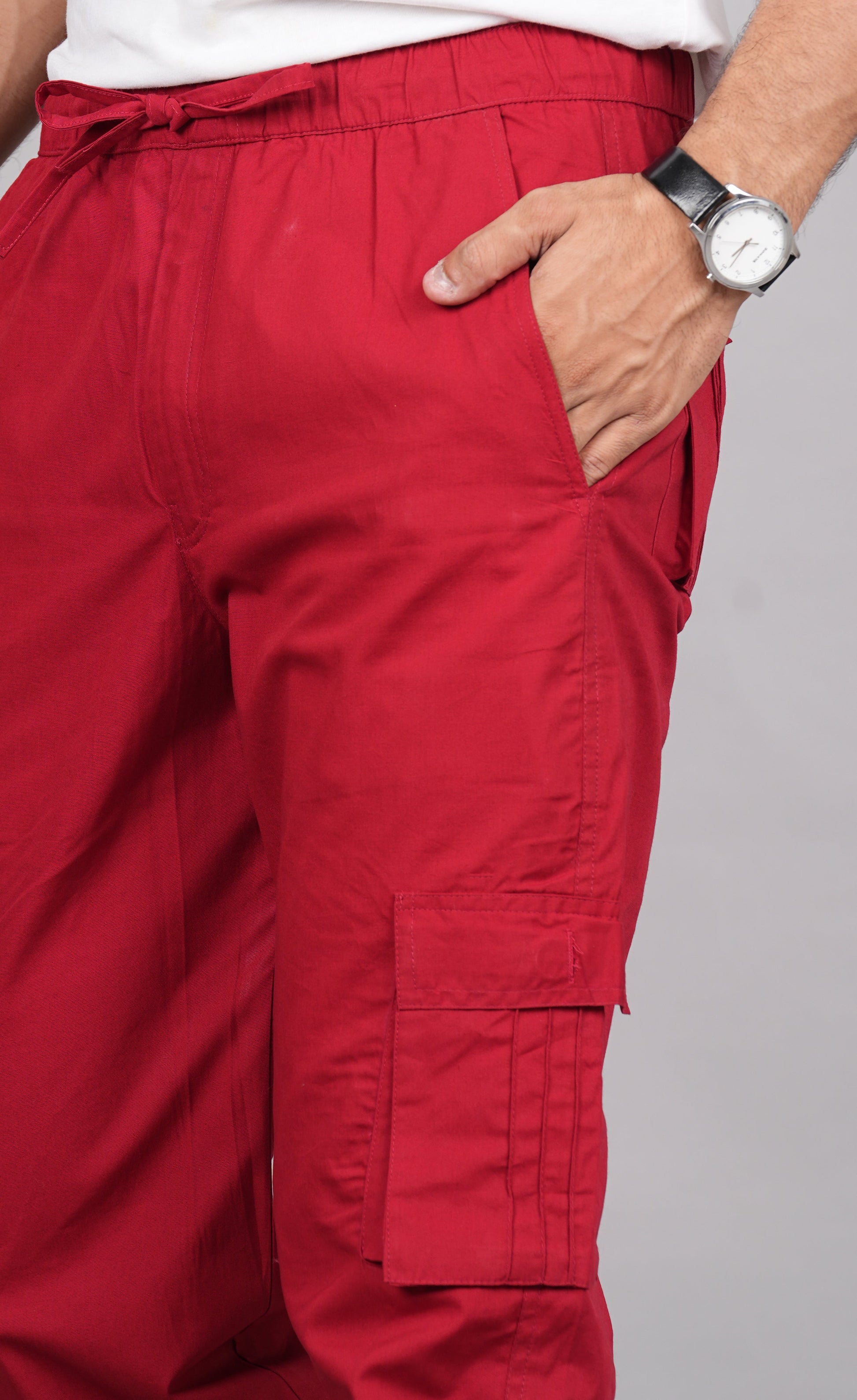 House of RP Men's Cotton Red Slim Fit Solid Cargos, Casual Trousers with Cargo Pockets | Swadesiicart
