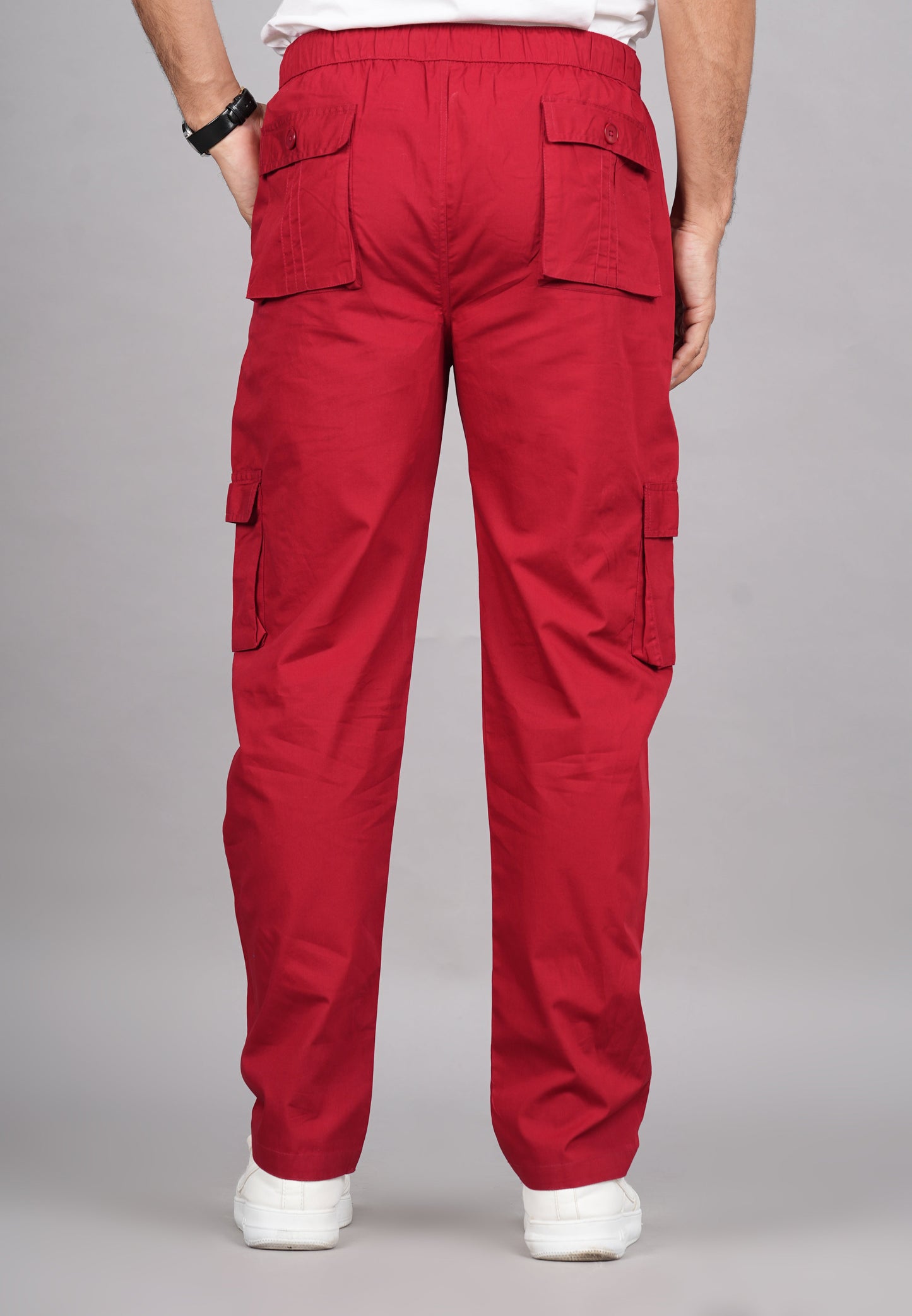 House of RP Men's Cotton Red Slim Fit Solid Cargos, Casual Trousers with Cargo Pockets | Swadesiicart