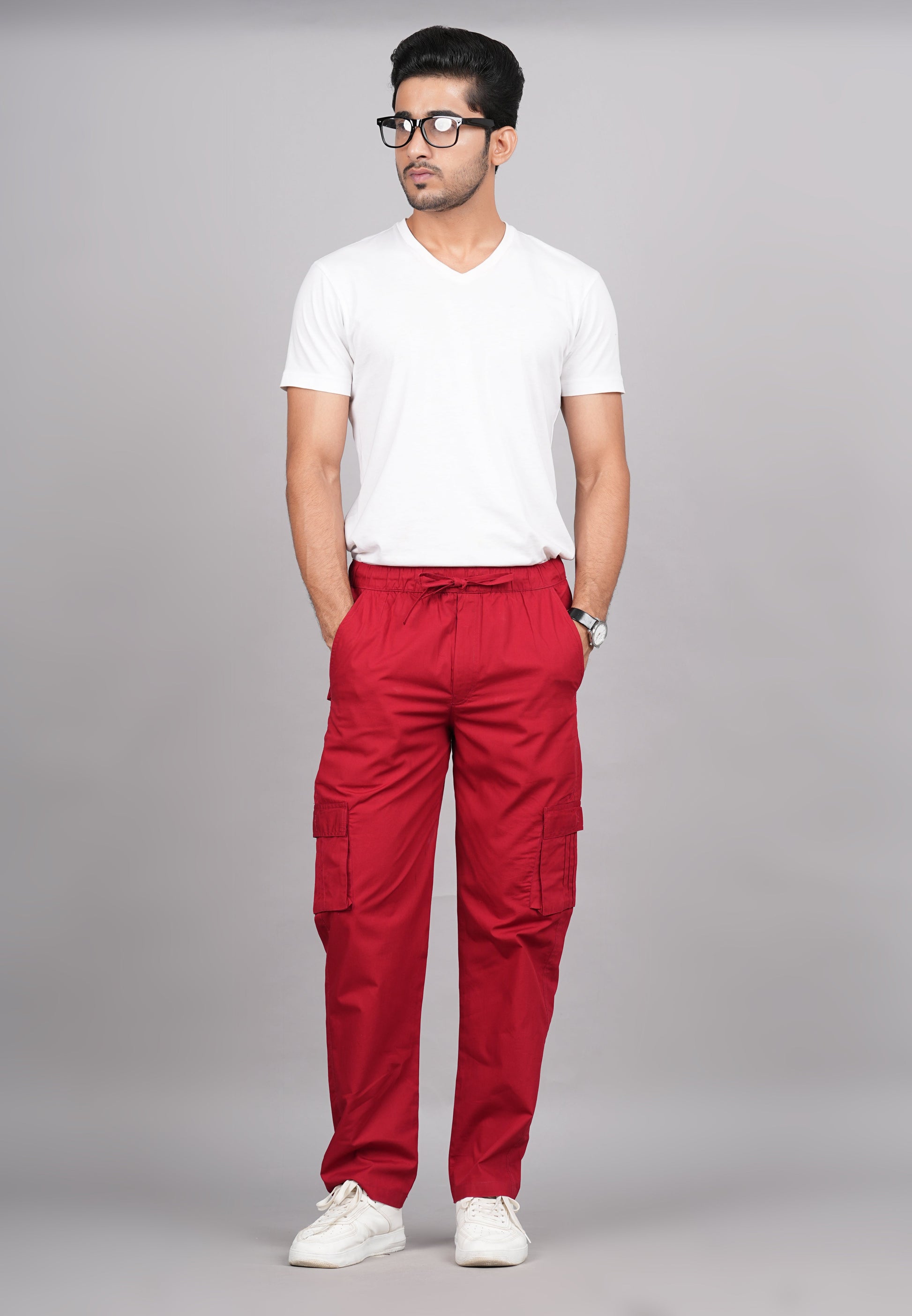 House of RP Men's Cotton Red Slim Fit Solid Cargos, Casual Trousers with Cargo Pockets | Swadesiicart