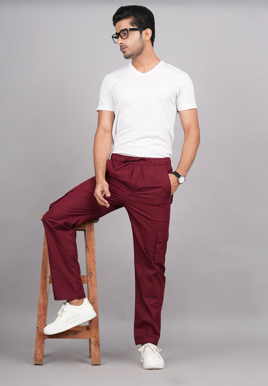 House of RP Men's Cotton Maroon Slim Fit Solid Cargos, Casual Trousers with Cargo Pockets | Swadesiicart