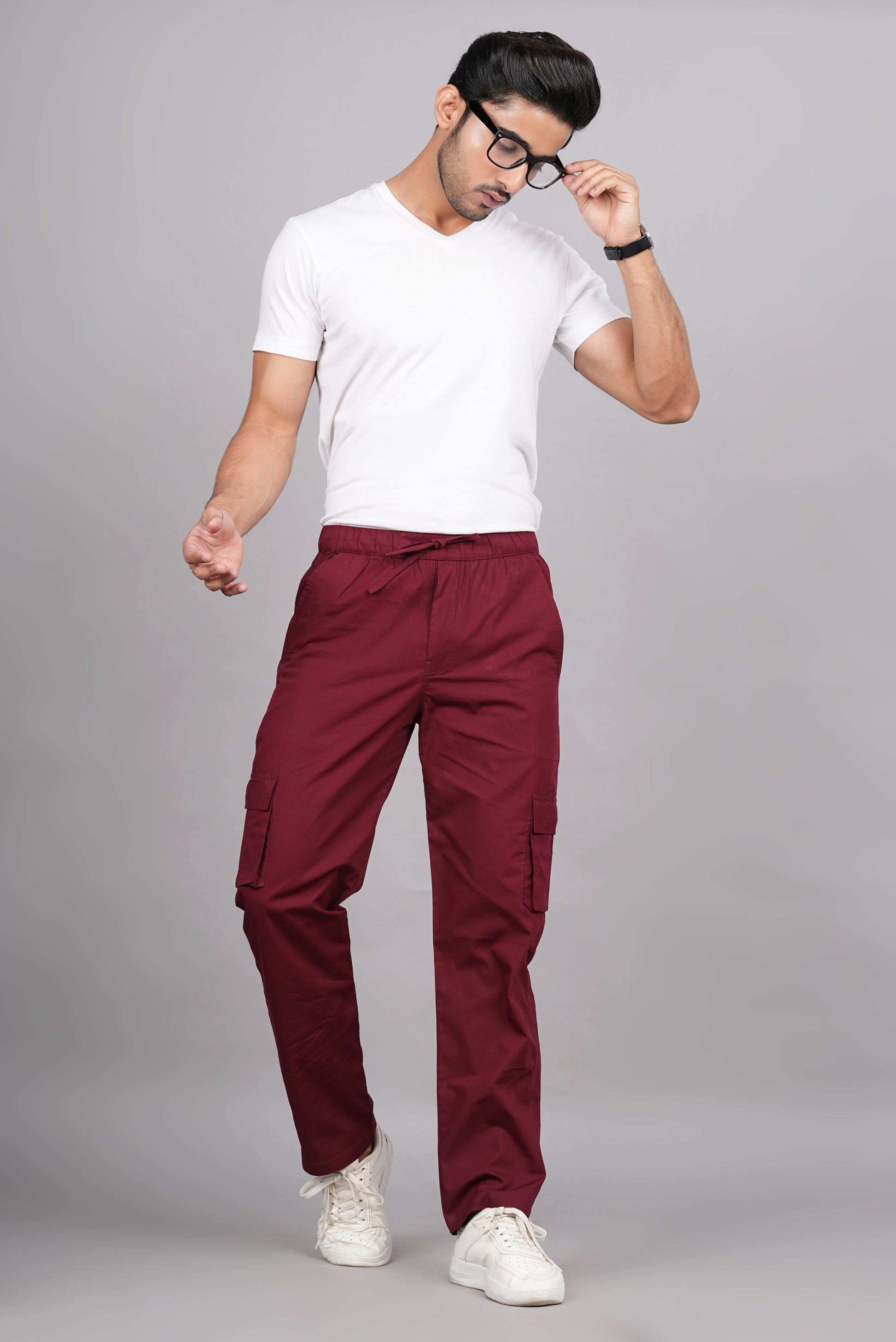 House of RP Men's Cotton Maroon Slim Fit Solid Cargos, Casual Trousers with Cargo Pockets | Swadesiicart