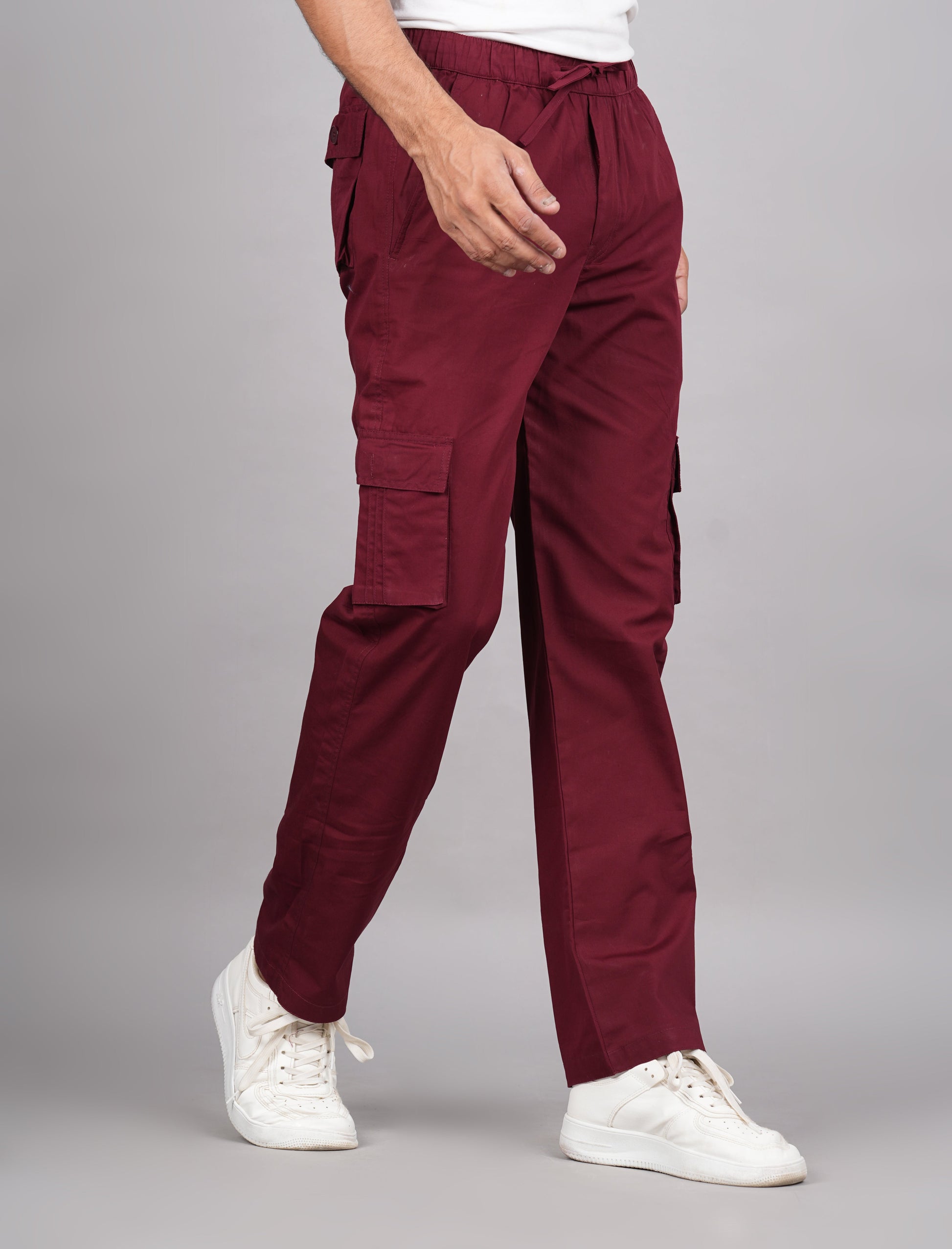 House of RP Men's Cotton Maroon Slim Fit Solid Cargos, Casual Trousers with Cargo Pockets | Swadesiicart