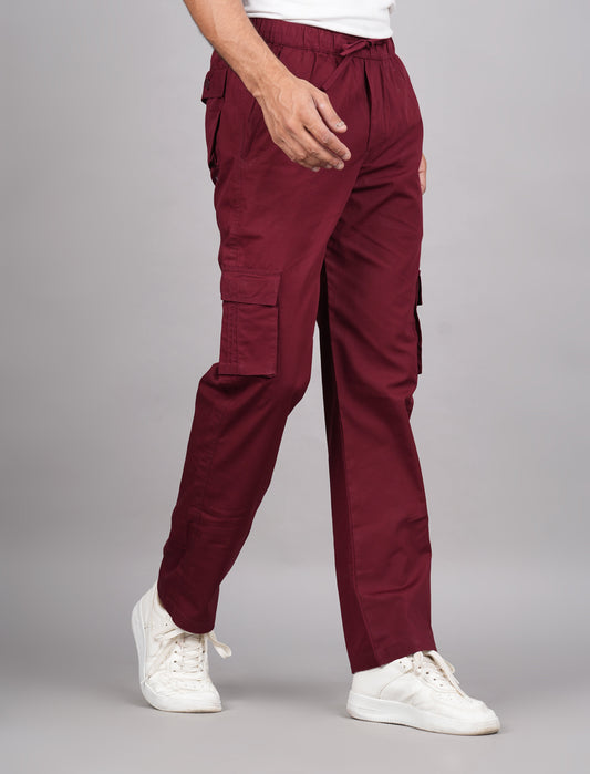 House of RP Men's Cotton Maroon Slim Fit Solid Cargos, Casual Trousers with Cargo Pockets | Swadesiicart