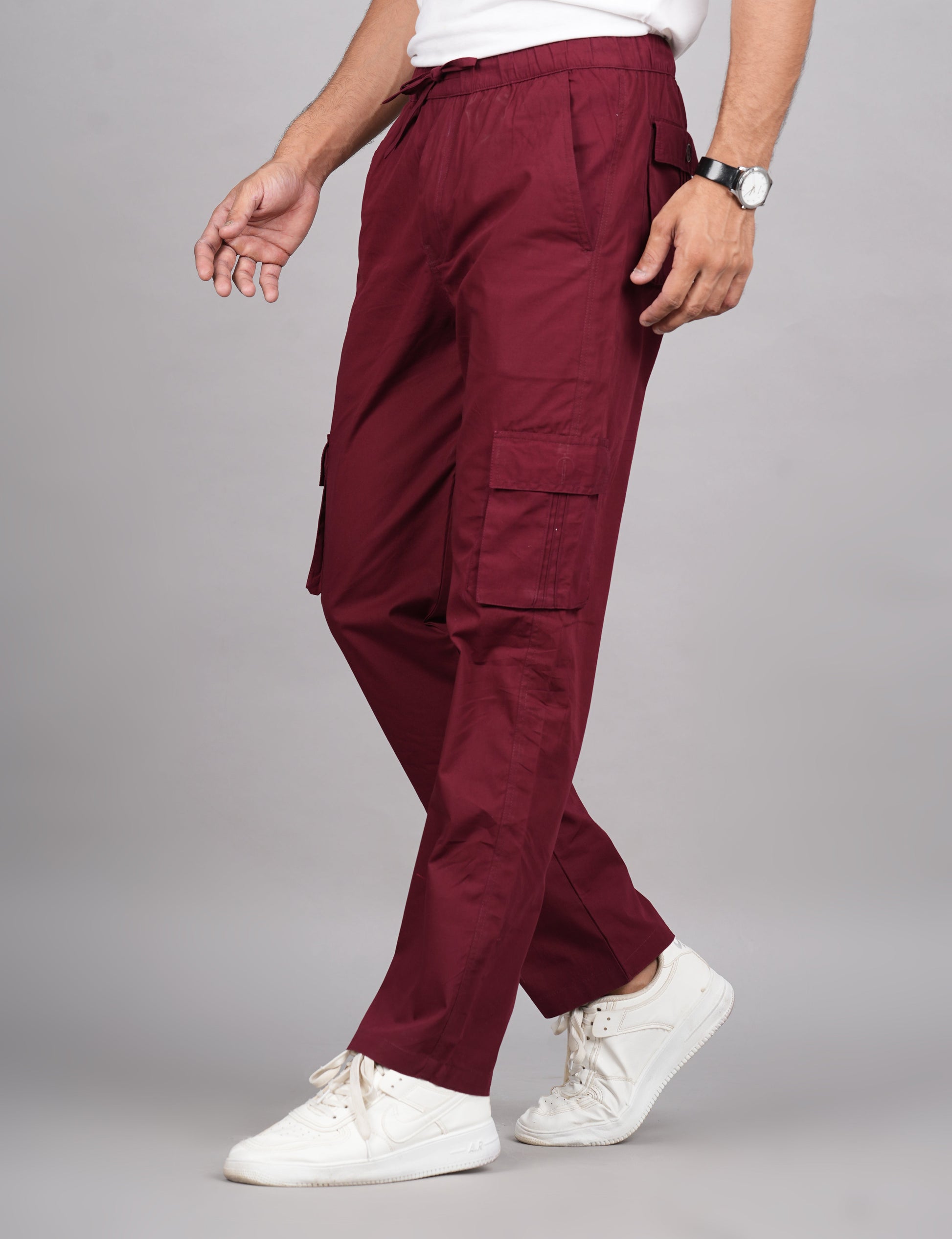 House of RP Men's Cotton Maroon Slim Fit Solid Cargos, Casual Trousers with Cargo Pockets | Swadesiicart