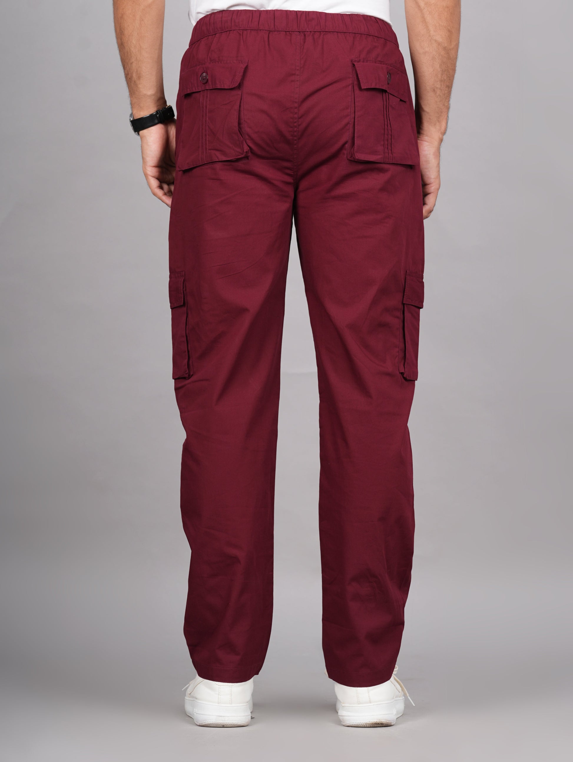 House of RP Men's Cotton Maroon Slim Fit Solid Cargos, Casual Trousers with Cargo Pockets | Swadesiicart