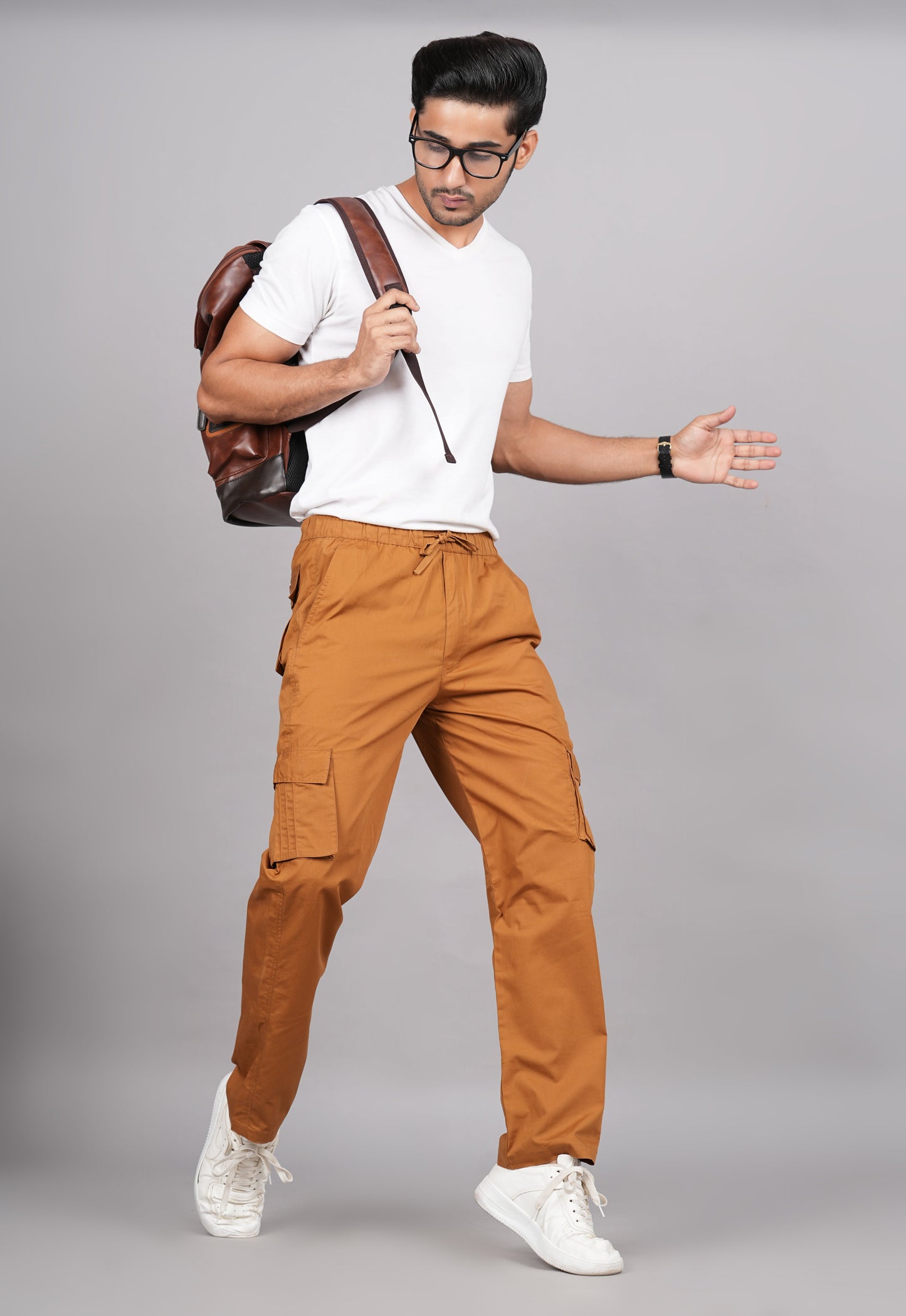 House of RP Men's Cotton Khaki Slim Fit Solid Cargos, Casual Trousers with Cargo Pockets | Swadesiicart