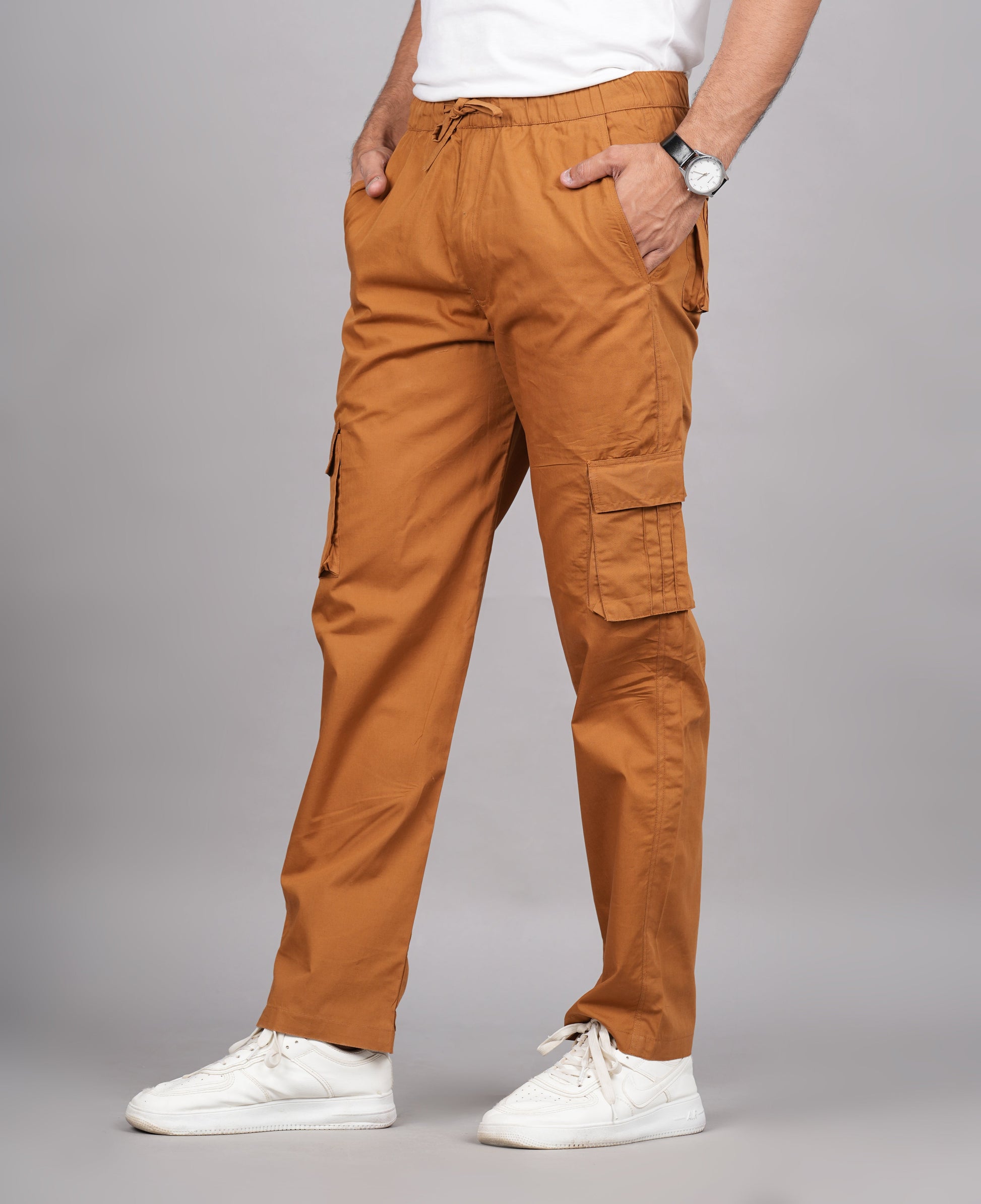 House of RP Men's Cotton Khaki Slim Fit Solid Cargos, Casual Trousers with Cargo Pockets | Swadesiicart