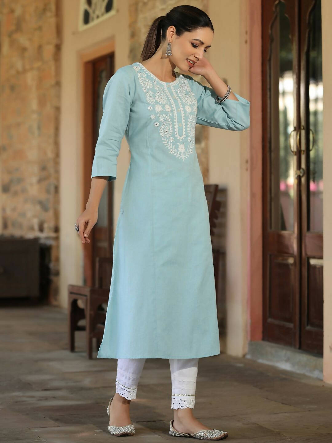 Juniper Women's Blue Cotton Flex Embroidered Straight Kurta | Swadesiicart