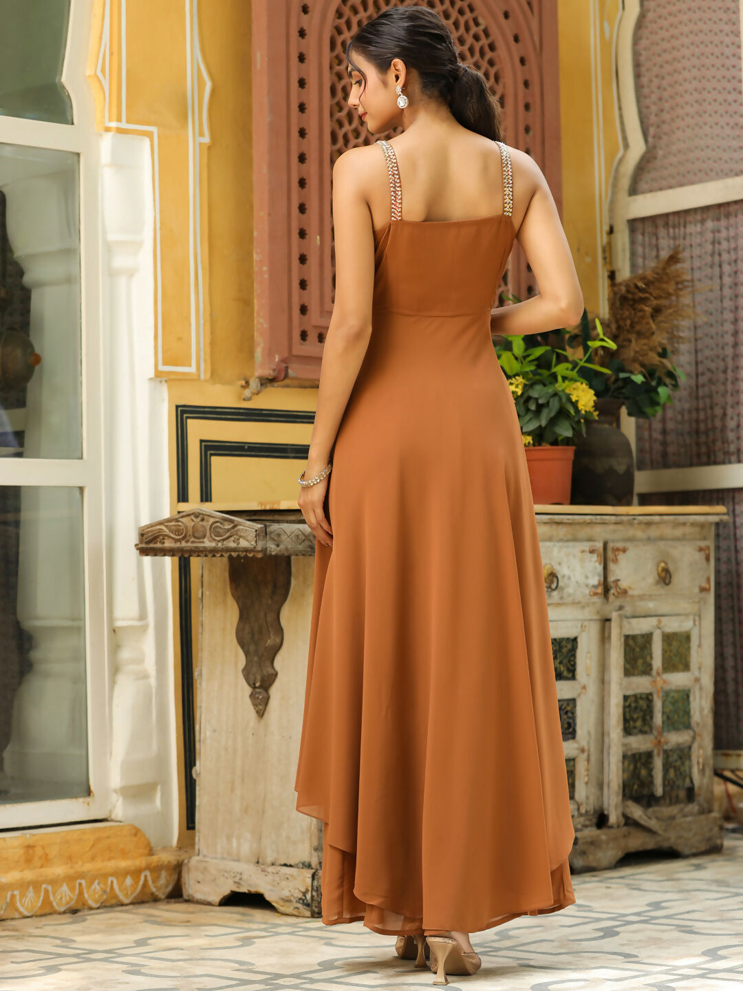 Janasya Brown Georgette Embellished Co-Ords - Swadesiicart