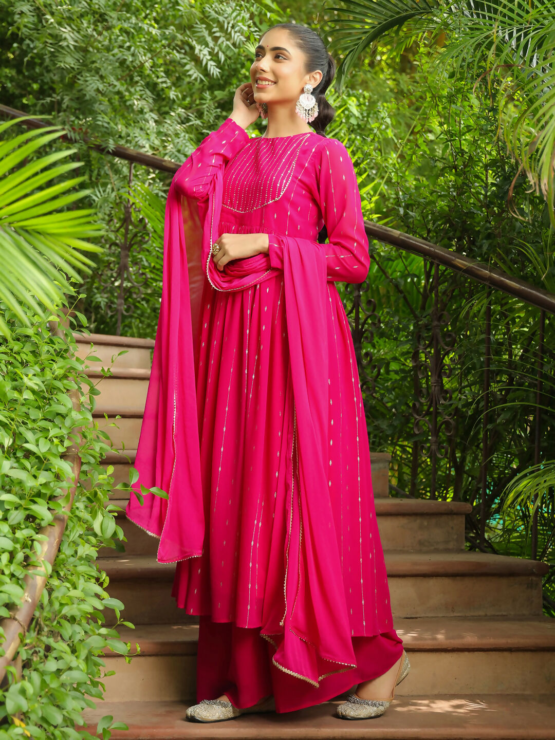 Janasya Pink Georgette Foil Print Kurta,Bottom & Dupatta | Swadesiicart