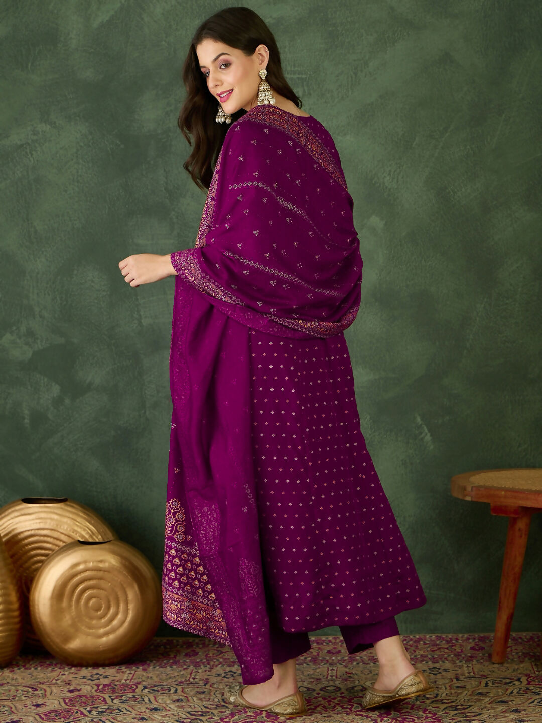 The52 Wine Women's Gorgeous Embroidered Work Vichitra Silk Fabric Flared Kurta Pant and Dupatta Set - Swadesiicart