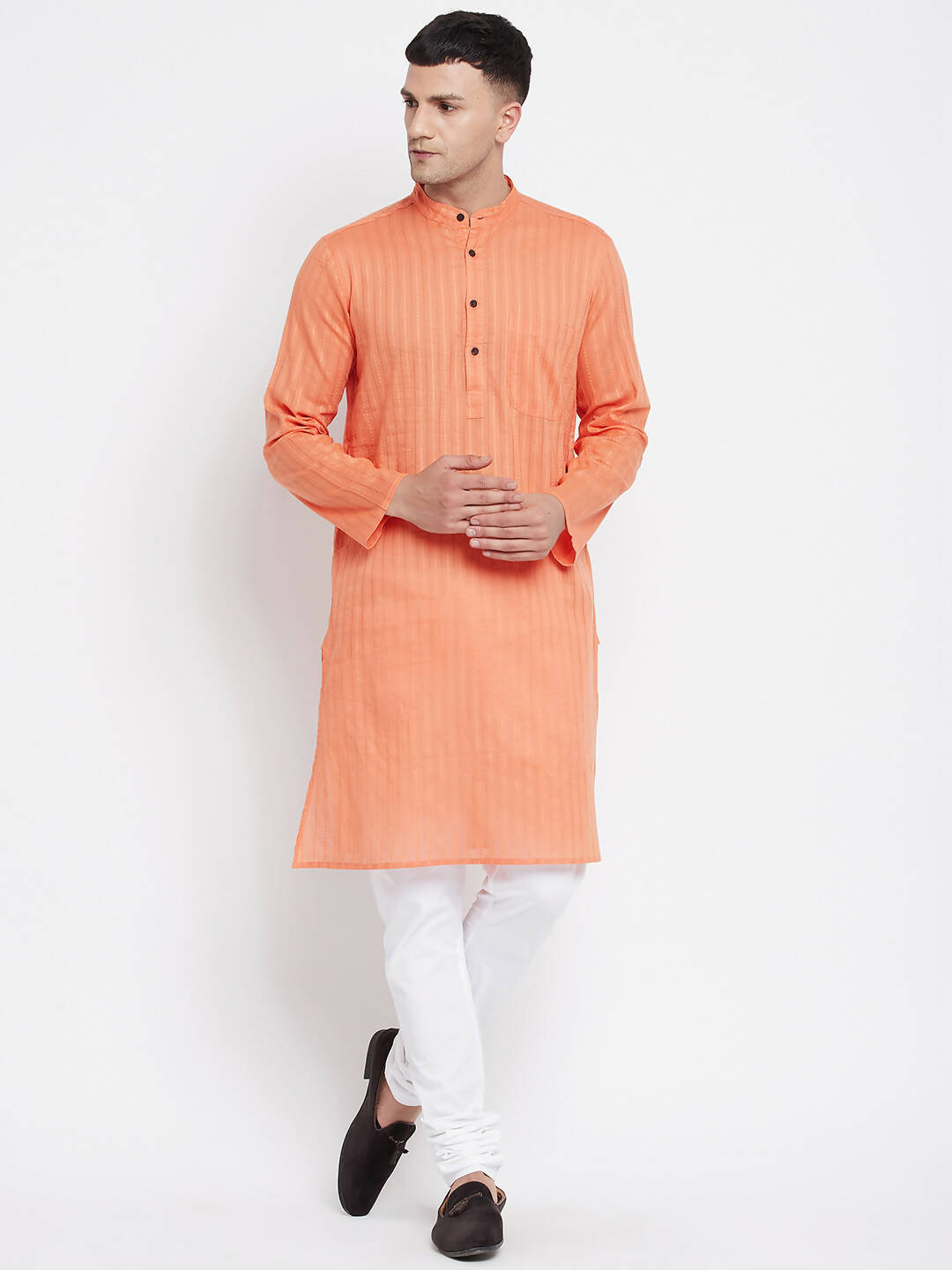 Even Apparels Orange Color Pure Cotton Men's Kurta With Band Collar | Swadesiicart
