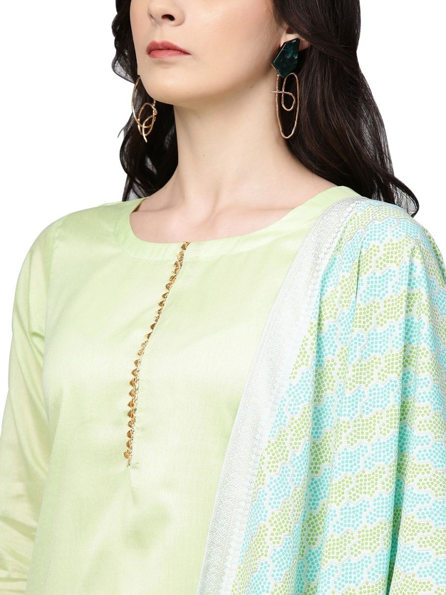 Ahalyaa Women's Sea Green Cotton Blend Solid Kurta Trouser Set With Dupatta | Swadesiicart