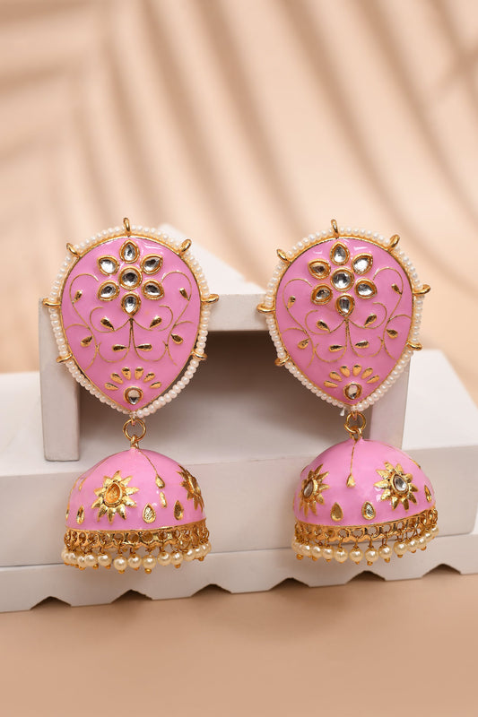 Sky Light Pink Jhumka Earrings for Womens for Ethnic Party by House of Ree | Swadesiicart