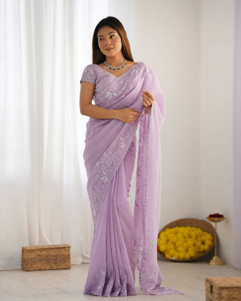 Vamsee Onam Lavender Crushed Fandy Tissue Silk Saree - Swadesiicart