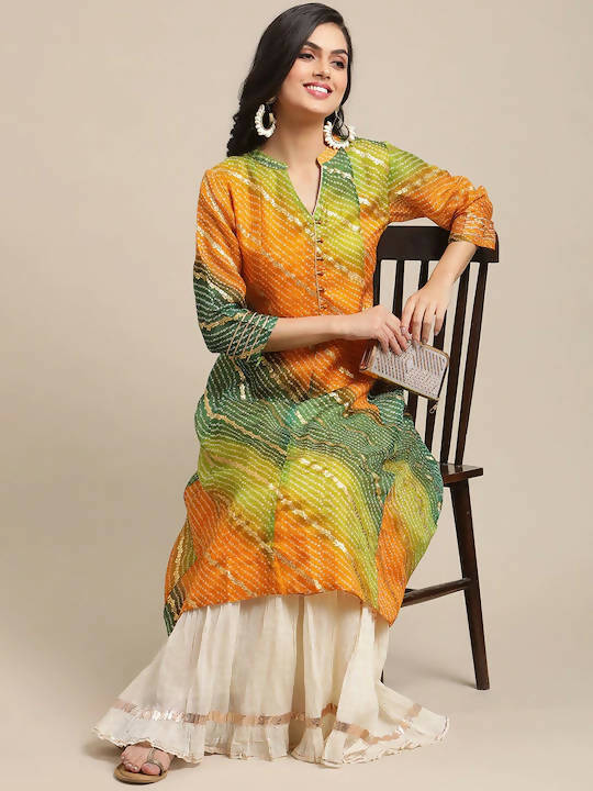 Indian Clothing Varanga Mustard Yellow & Green Bandhani Dyed Anarkali Kurta - Swadesiicart