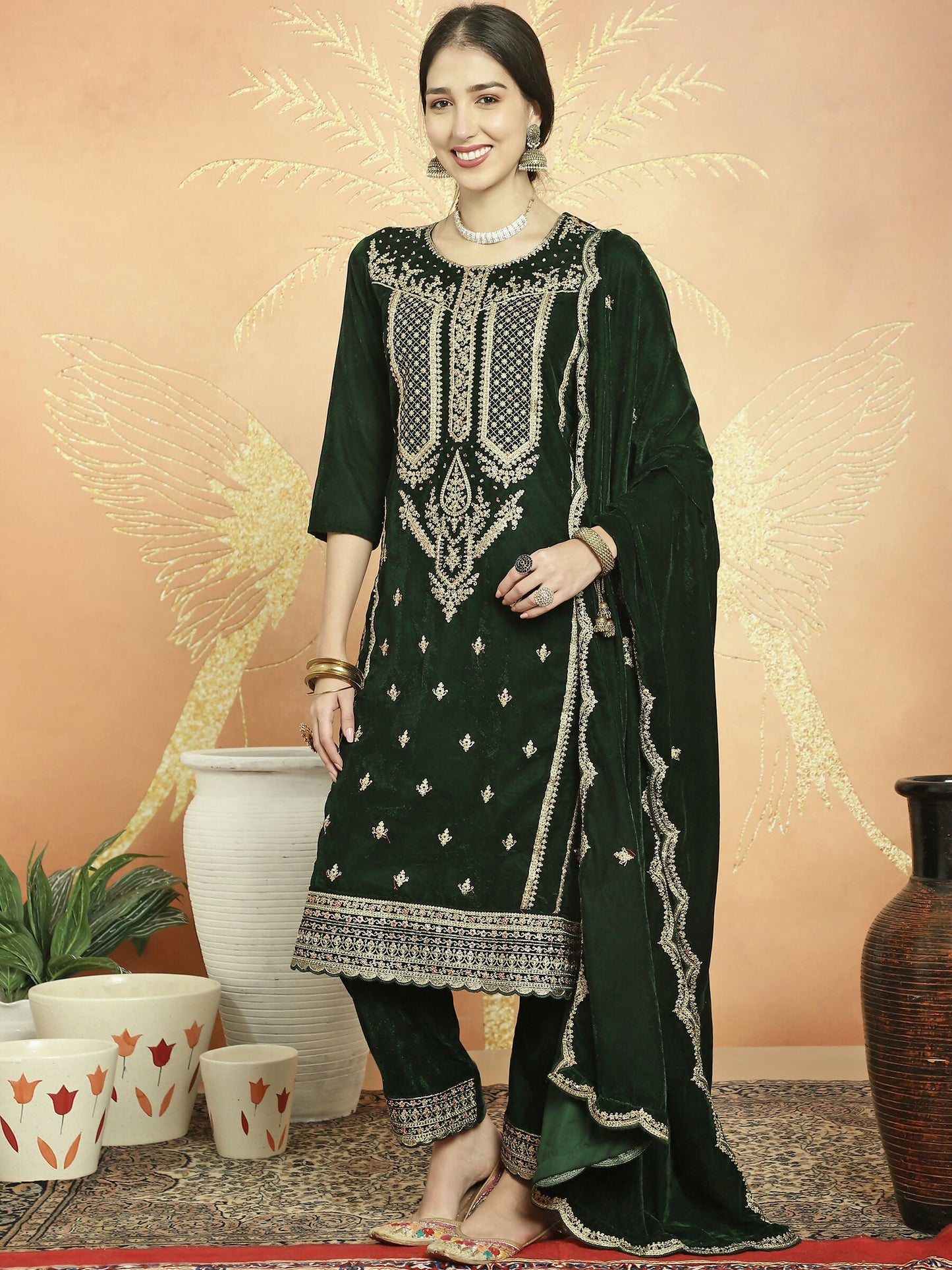 Jyoti Fashion Women's Green Velvet Cording with Resham Thread & Sequin Kurta with Trouser & Dupatta | Swadesiicart
