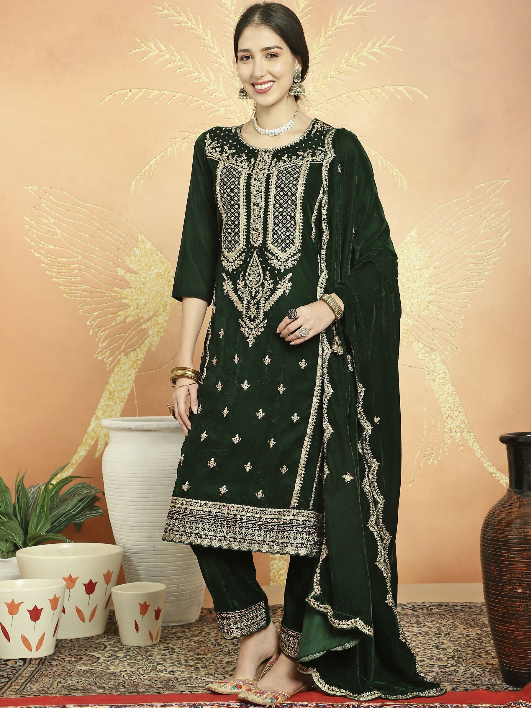 Jyoti Fashion Women's Green Velvet Cording with Resham Thread & Sequin Kurta with Trouser & Dupatta | Swadesiicart