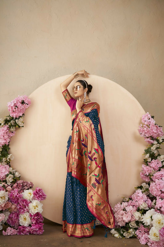 Vishnu Weaves Women's Navy-Blue Paithani Silk Saree with Blouse - Swadesiicart