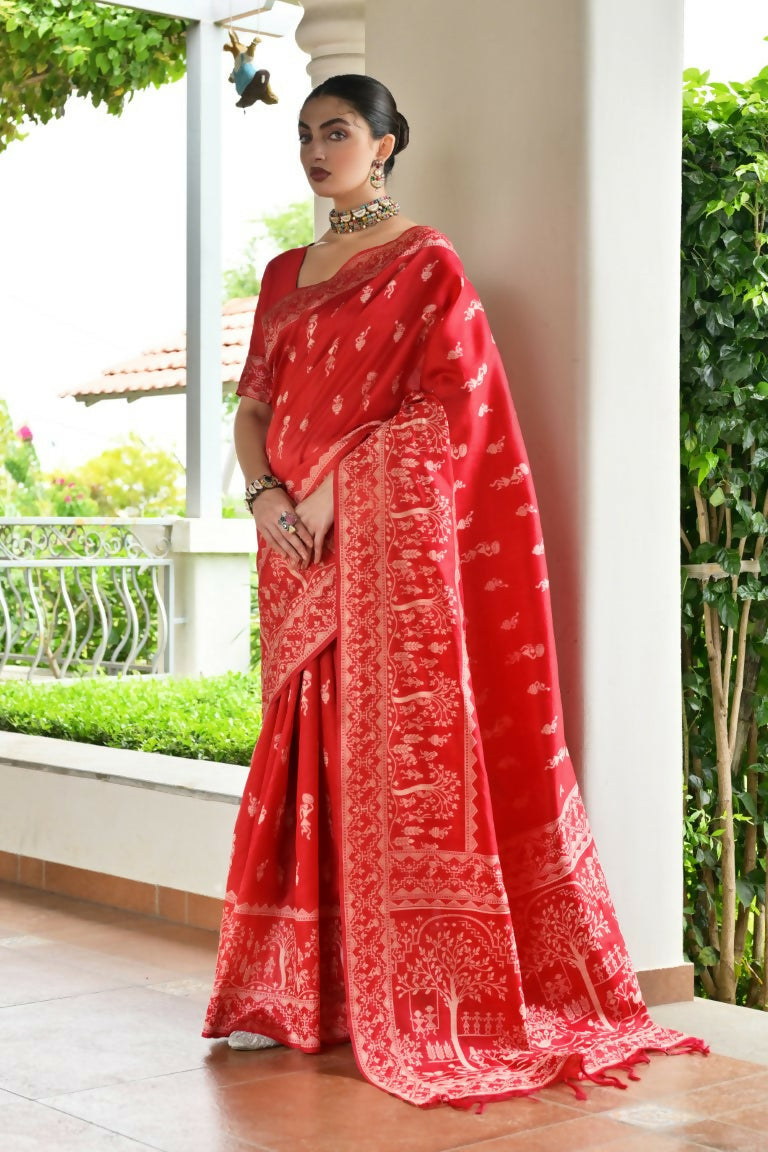Vishnu Weaves Women's Red Handloom Raw Silk Thread Weaving Saree with Blouse - Swadesiicart