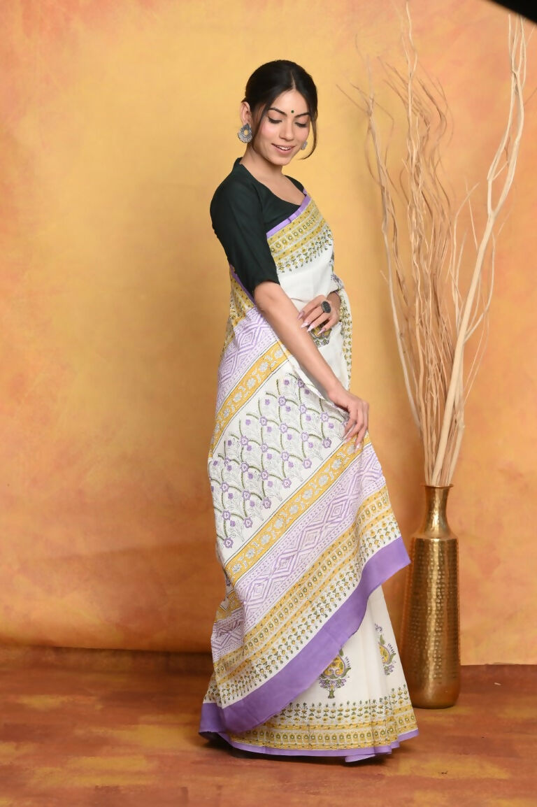 Very Much Indian Handblock Printed Cotton Saree With Natural Dyes - White | Swadesiicart