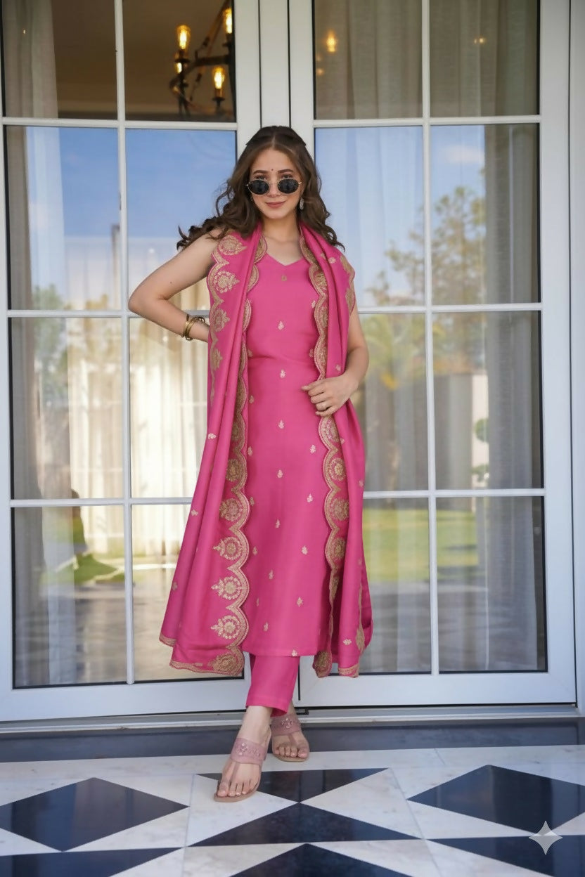 The52 Peach Women's Viscose Zari Chanderi Fabric Embroidered Work Straight Kurta, Pant and Dupatta Set - Swadesiicart
