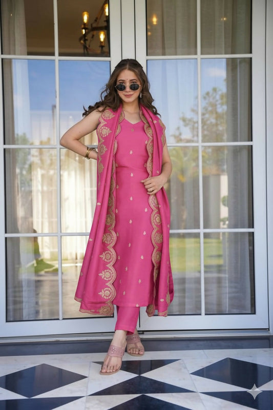 The52 Peach Women's Viscose Zari Chanderi Fabric Embroidered Work Straight Kurta, Pant and Dupatta Set - Swadesiicart