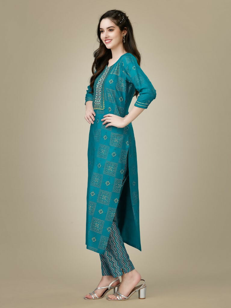 Jyoti Fashion Women's Rama Rayon Embroidered Kurta Pant Set | Swadesiicart