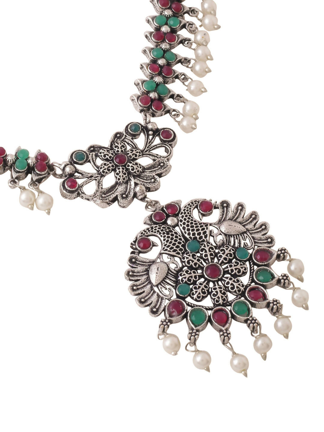NVR Women Stone Studded Oxidised Silver Jewellery Set - Swadesiicart