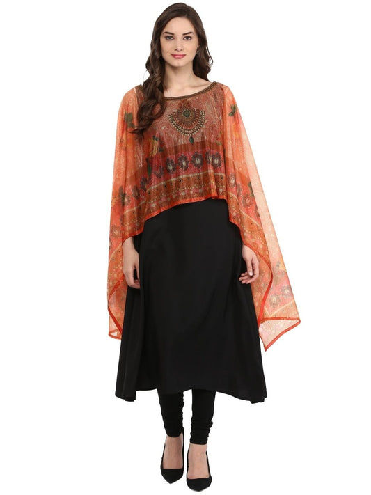 Ahalyaa Black Crepe Printed Kurta With Attached Dupatta For Women | Swadesiicart