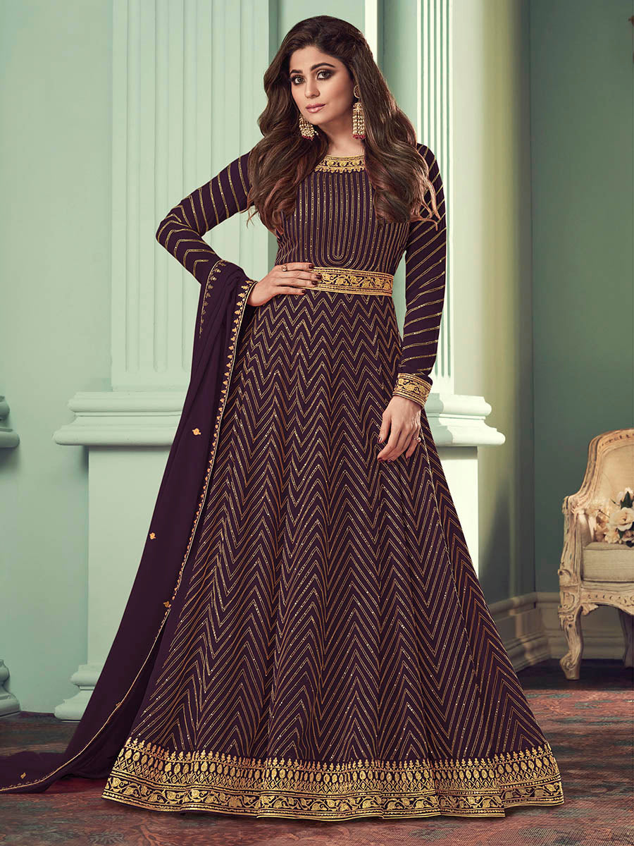 Myra Wine Real Georgette Embroidered Anarkali Suit | Swadesiicart