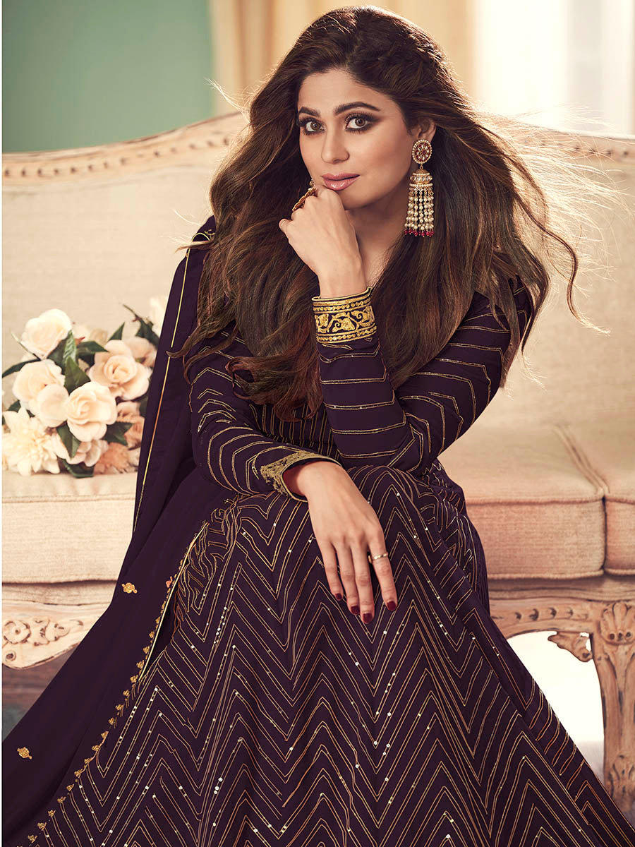 Myra Wine Real Georgette Embroidered Anarkali Suit | Swadesiicart