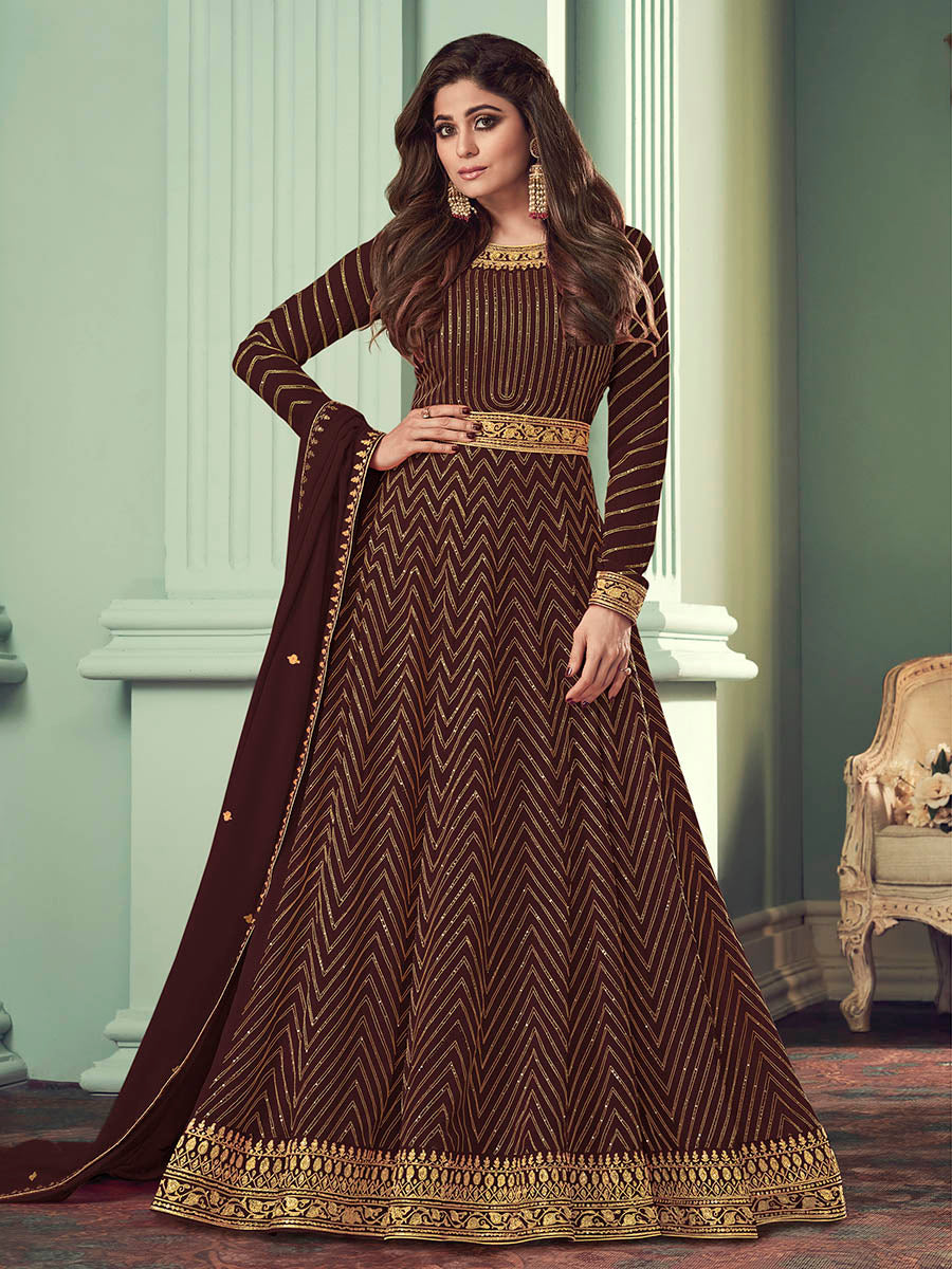 Myra Brown Real Georgette Embroidered Anarkali Suit | Swadesiicart