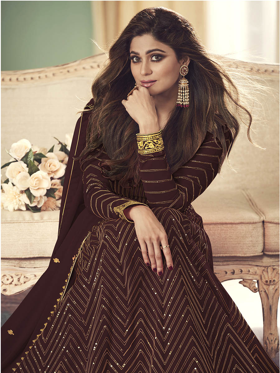 Myra Brown Real Georgette Embroidered Anarkali Suit | Swadesiicart