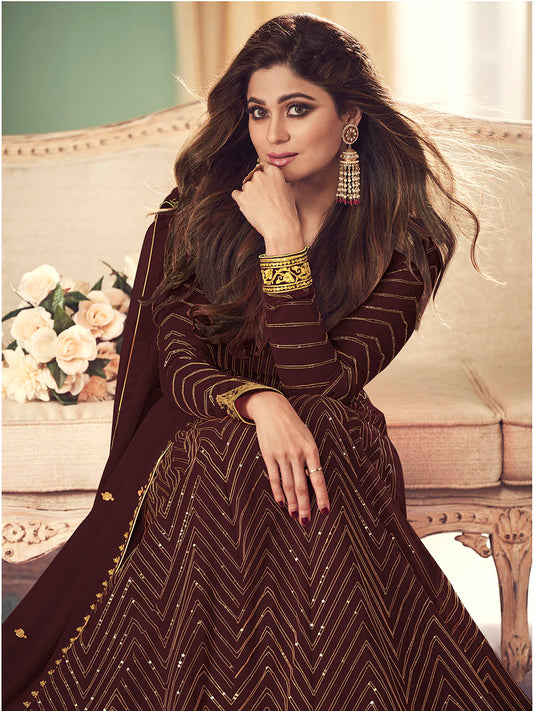 Myra Brown Real Georgette Embroidered Anarkali Suit | Swadesiicart
