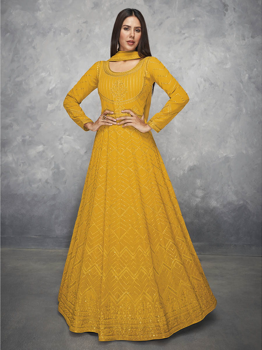 Myra Mustard Yellow Georgette Embroidered Anarkali Suit | Swadesiicart