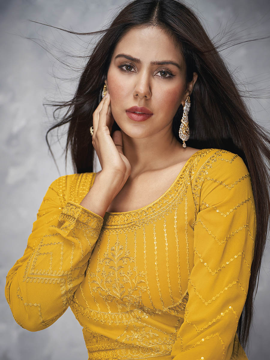 Myra Mustard Yellow Georgette Embroidered Anarkali Suit | Swadesiicart