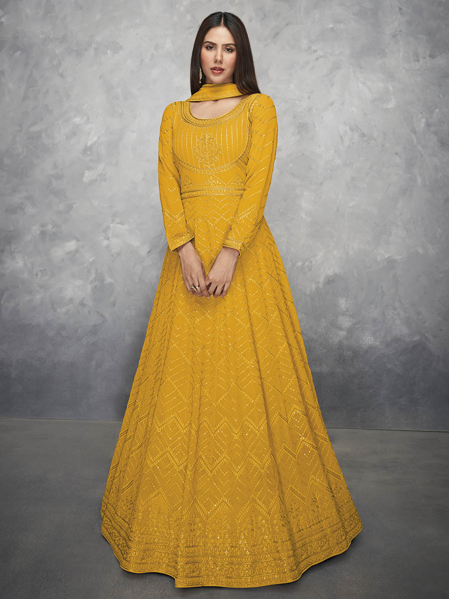Myra Mustard Yellow Georgette Embroidered Anarkali Suit | Swadesiicart