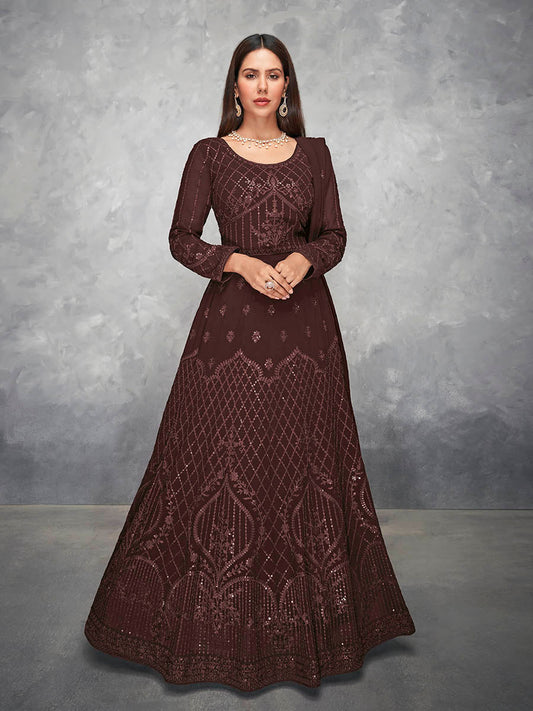 Myra Brown Georgette Embroidered Anarkali Suit | Swadesiicart
