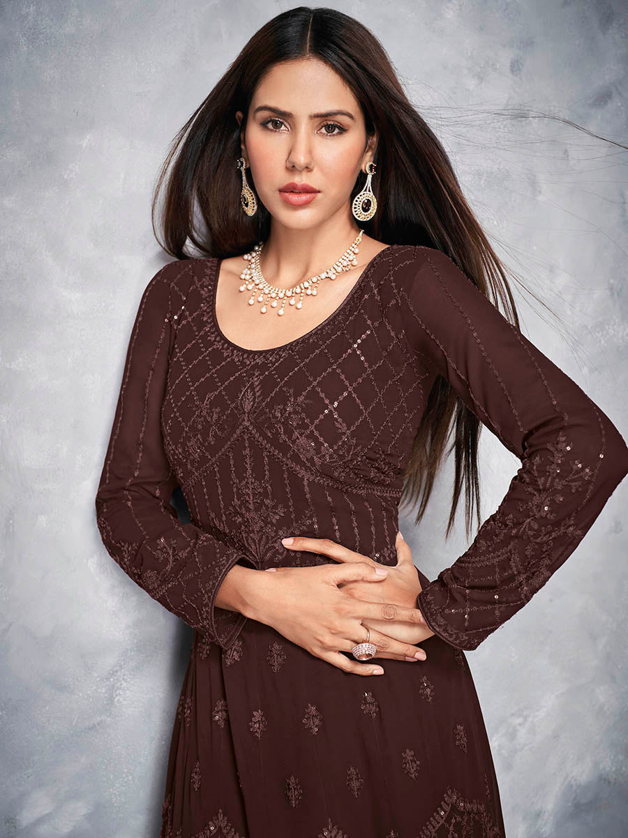 Myra Brown Georgette Embroidered Anarkali Suit | Swadesiicart