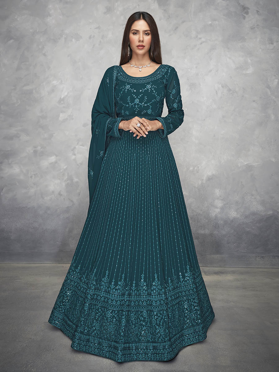 Myra Beautiful Teal Georgette Embroidered Anarkali Suit | Swadesiicart