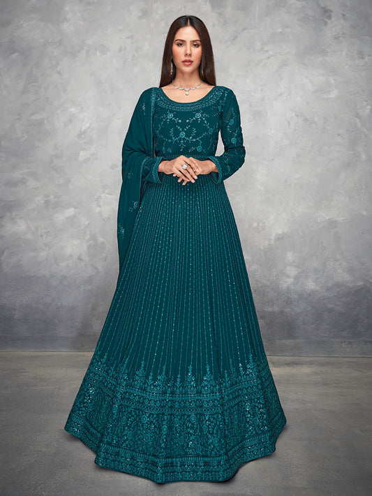 Myra Beautiful Teal Georgette Embroidered Anarkali Suit | Swadesiicart