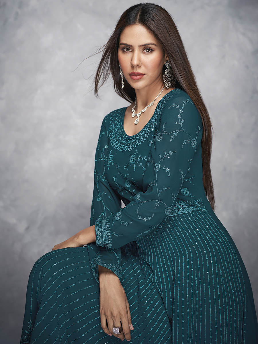 Myra Beautiful Teal Georgette Embroidered Anarkali Suit | Swadesiicart