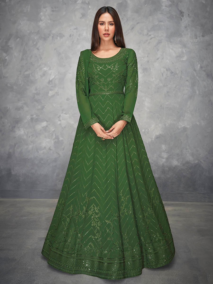 Myra Beautiful Green Georgette Embroidered Anarkali Suit | Swadesiicart