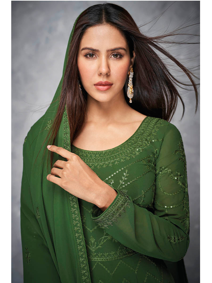 Myra Beautiful Green Georgette Embroidered Anarkali Suit | Swadesiicart
