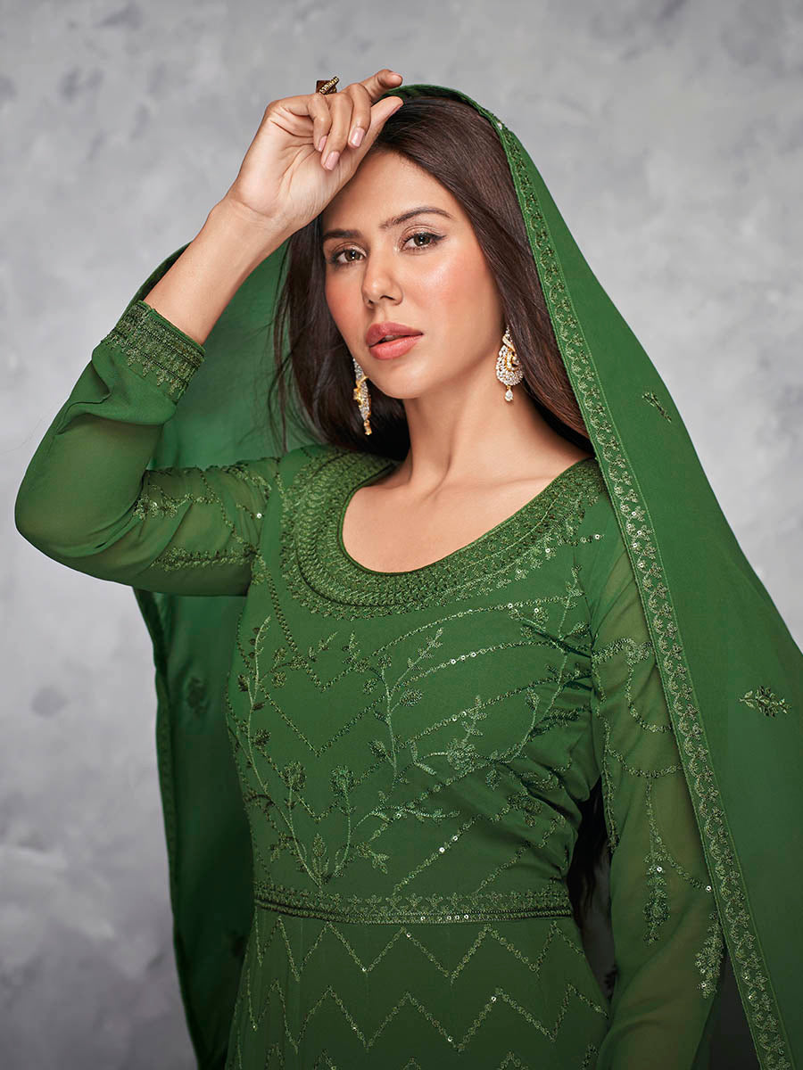 Myra Beautiful Green Georgette Embroidered Anarkali Suit | Swadesiicart